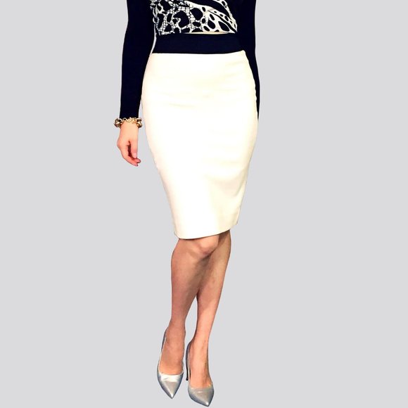 BCBG MAXAZRIA XS White Ribbed Pencil Skirt Office 2 4 Fitted Waist Sample Unique - Picture 3 of 15